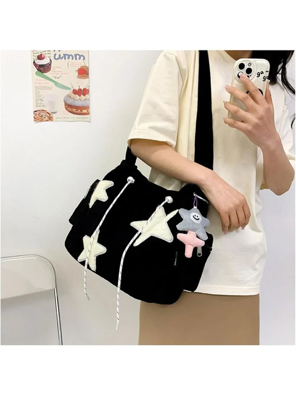 Women's Black Zipper Kawaii Corduroy Star Tote Crossbody Shoulder Bag